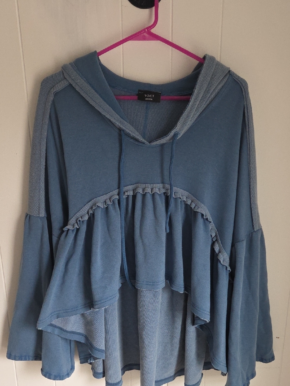 VICI Dusty Blue Ruffle Hoodie Tunic